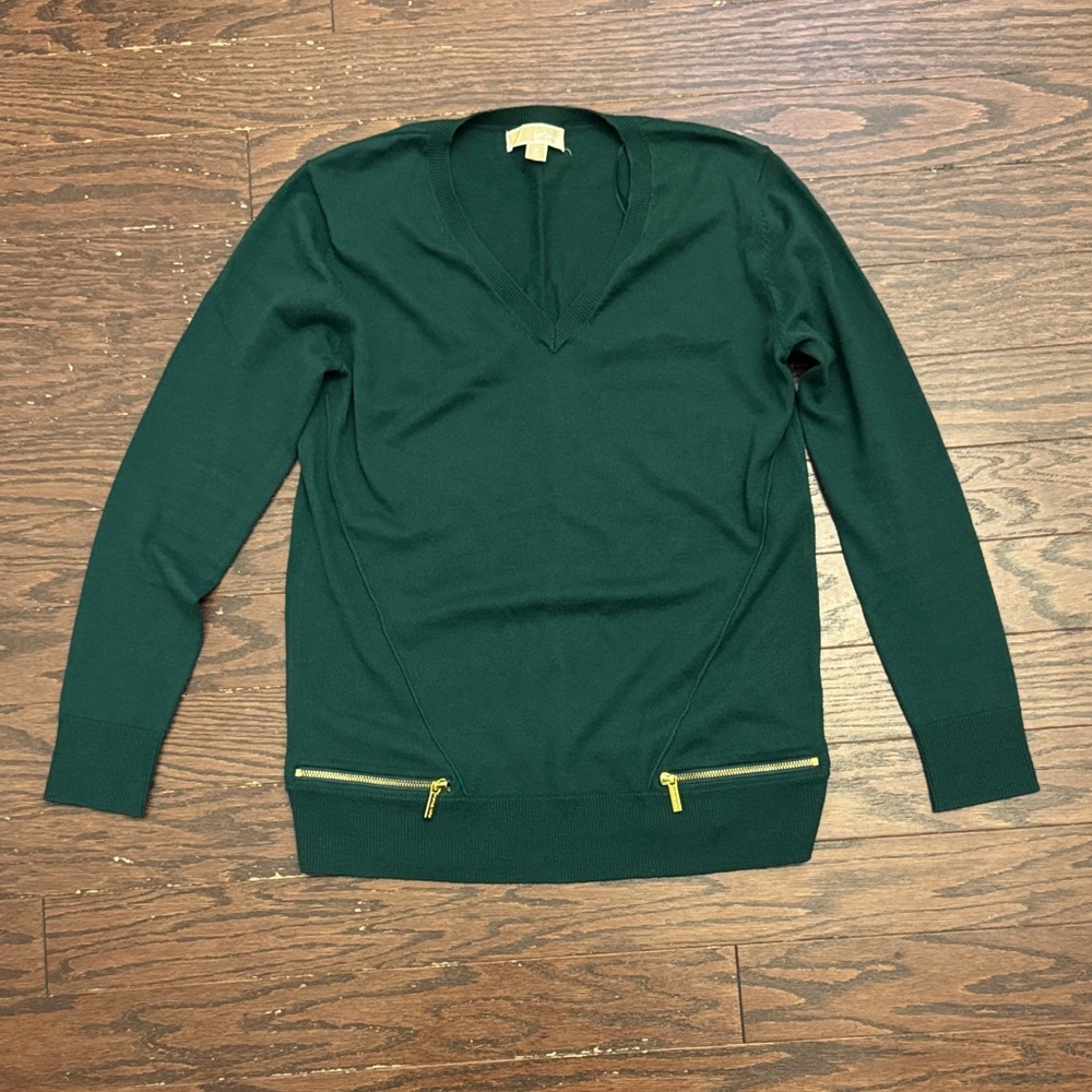 Michael Kors Forest Green V-Neck Sweater with Gold Zippers